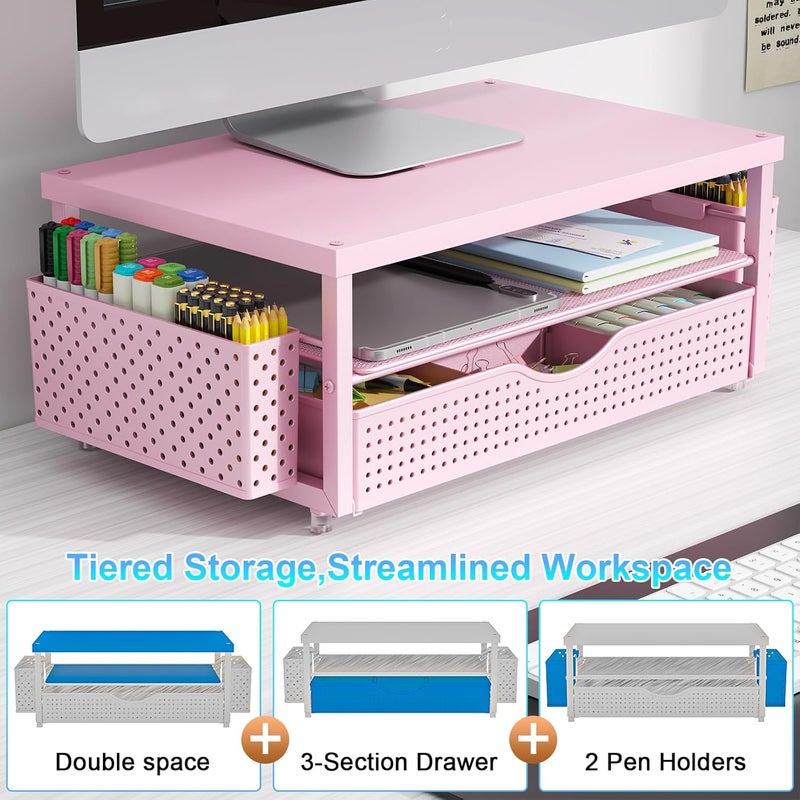 gianotter Wood Monitor Stand Riser, Desk Organizer with Drawer and 2 Pen Holders, 2-Tier Workspace Organizer for Office Supplies(Pink Wood) - Image 5